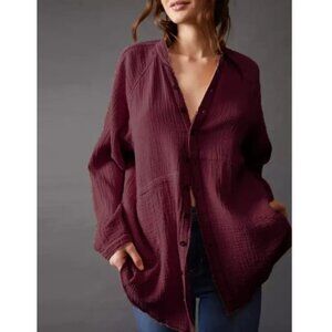 We the Free Summer Daydream Button Down Shirt Burgundy Cotton Free People XL